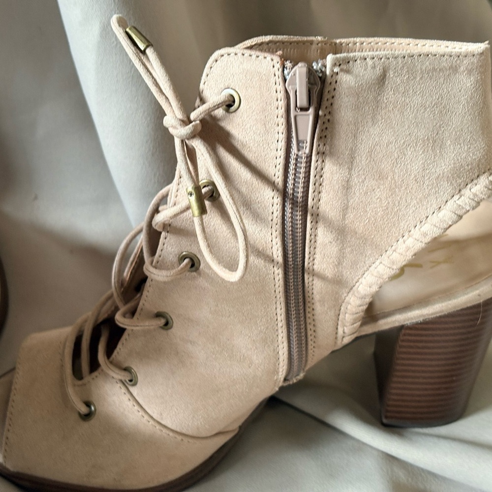 Mix No. 6 Lace-Up Peep Toe Block Heel Booties in Taupe - Picture 5 of 11